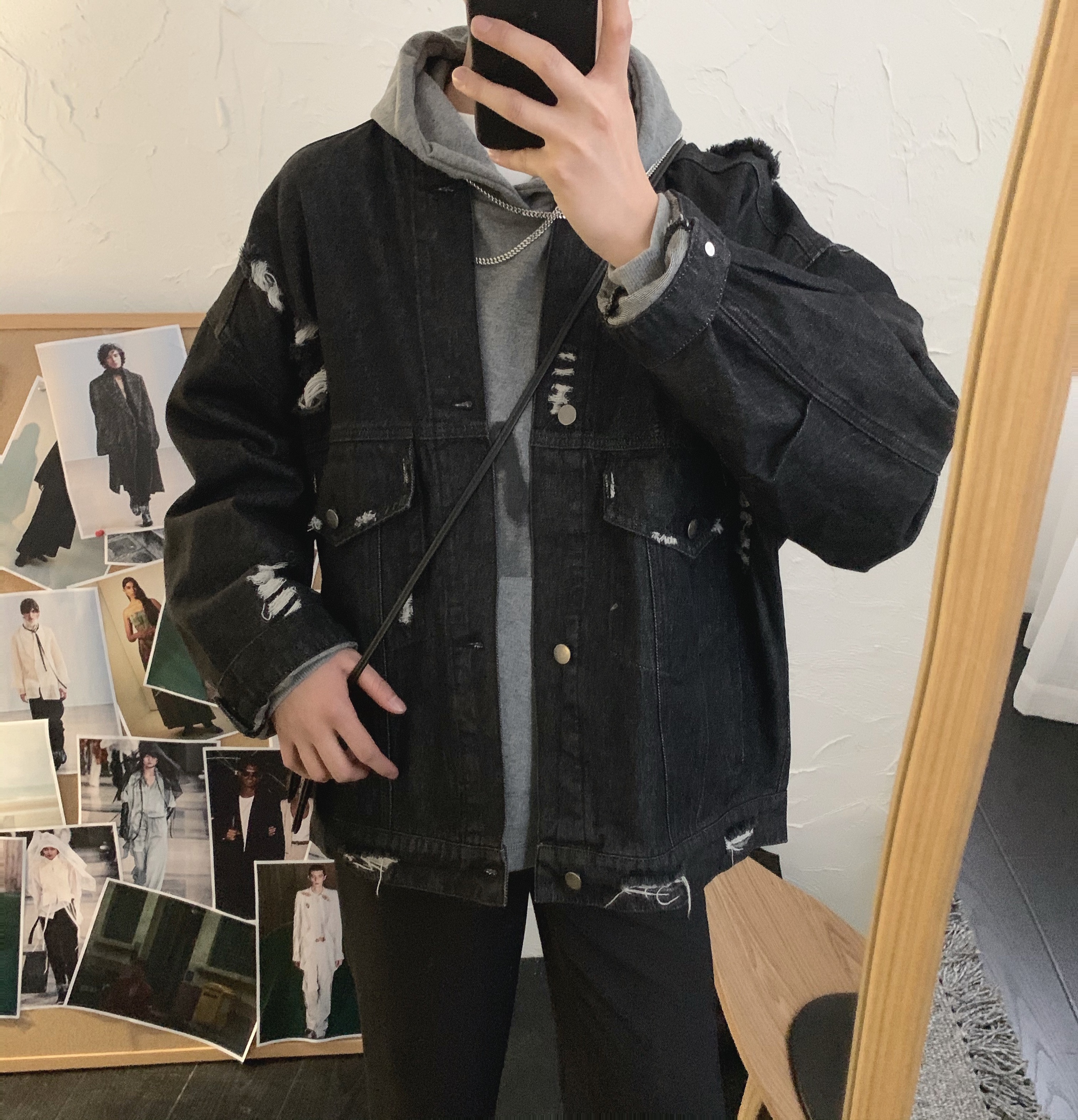 Acha and Agu spring denim jacket men's Korean version loose black hole Hong Kong style tooling jacket