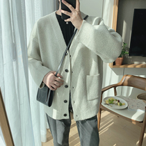 A tea and Agu Autumn white knitted cardigan mens loose Korean trend casual couple sweater jacket