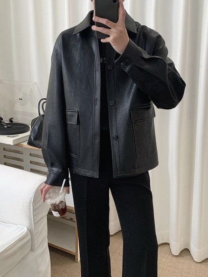 阿茶与阿古黑色韩版皮衣外套男春秋2025新款宽松休闲皮夹克上衣