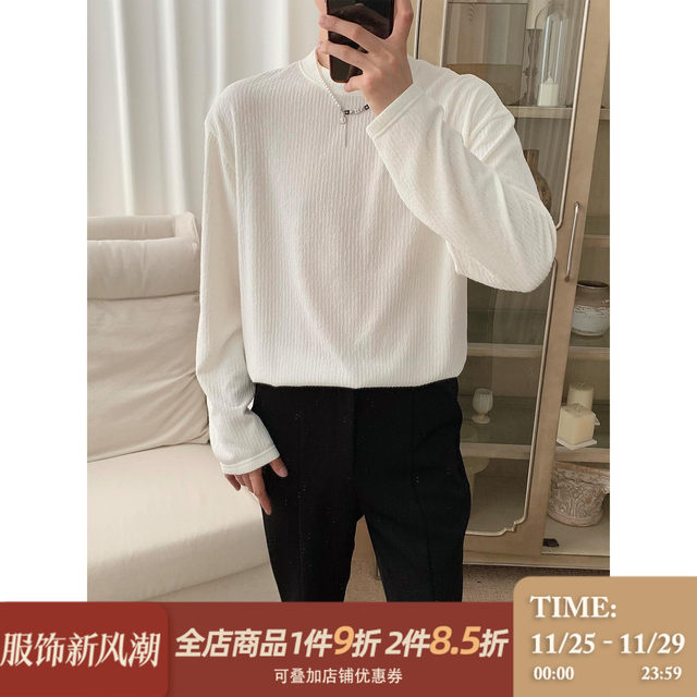 Acha and Agu black and white loose long-sleeved t-shirt men's spring and summer basic models all-match casual embossed inner top