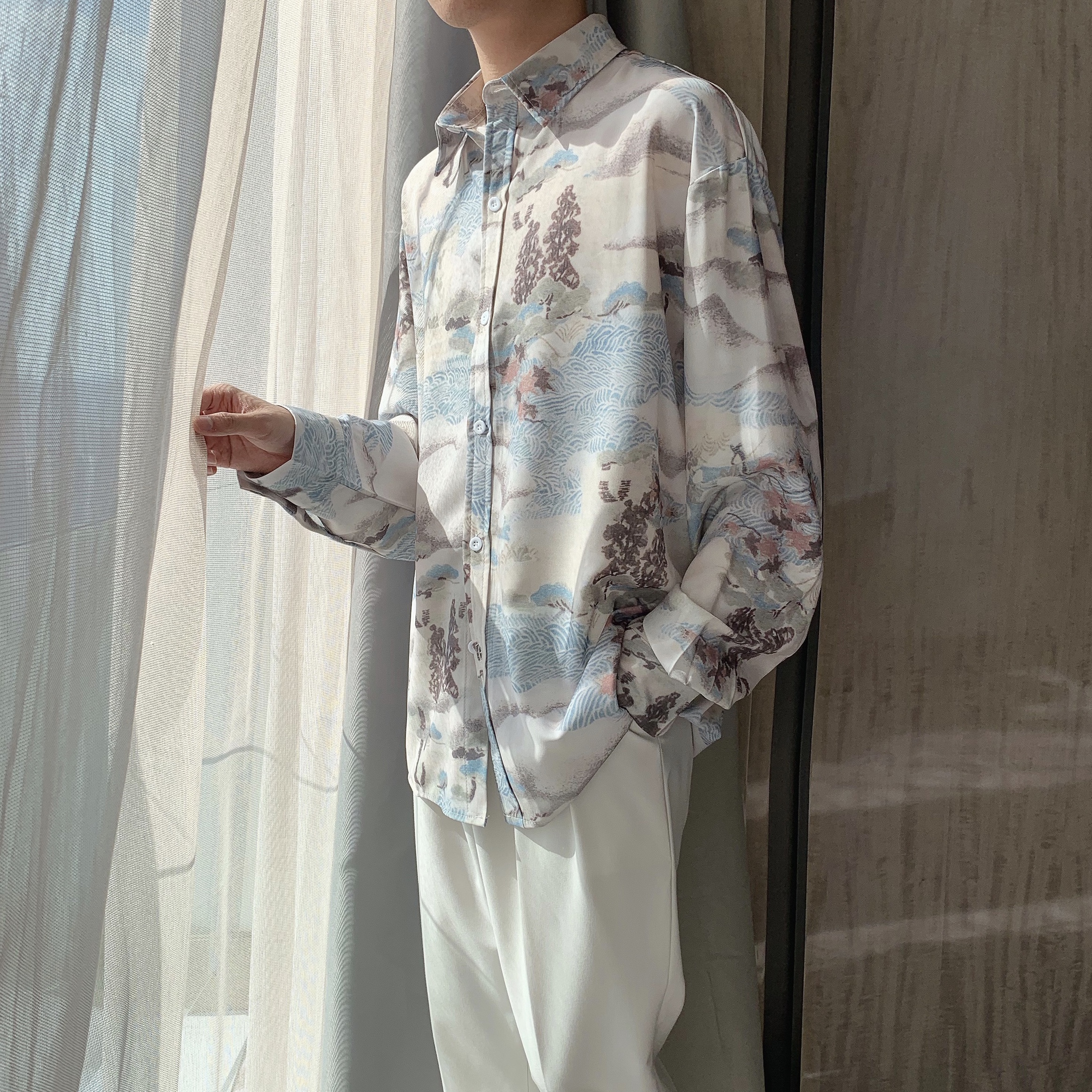 A tea and Agu ancient style color ink landscape painting shirt men's long-sleeved autumn temperament national tide fairy shirt