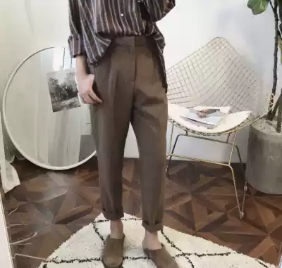 A tea and Agu homemade autumn Brown casual Joker men's suit slim slim straight tube small foot ankle-length pants