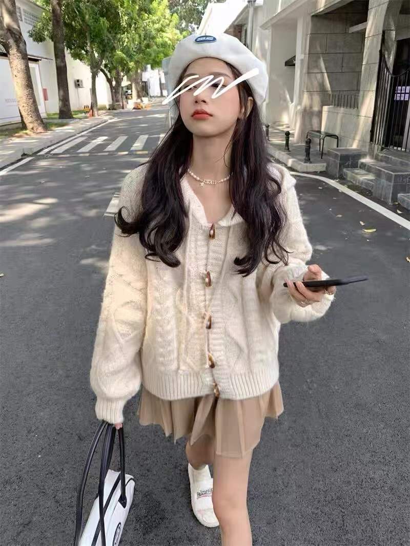 2022 spring new lazy style knitted cardigan college soft waxy milk white twist horn button hooded sweater jacket
