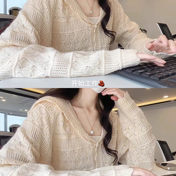 Off-White Hollow-Out Cardigan, Celebrity Style, Thin Knit Cardigan for Women, 2026 New Autumn Chic Korean Style Top