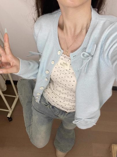 薄荷曼波芭蕾风针织开衫蝴蝶结蓝色毛衣女甜妹韩系春秋季外套上衣