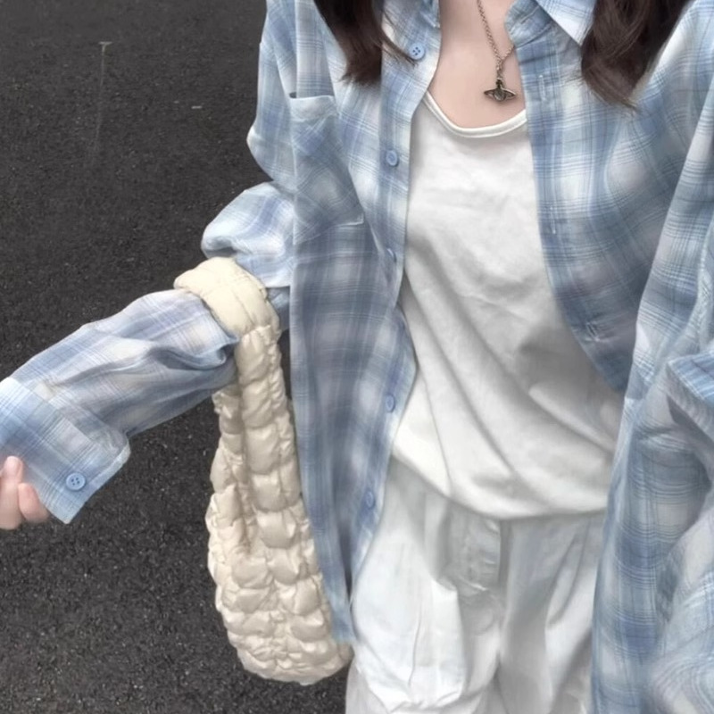 Thin Sun Protection Shirt Top for Women, Summer Design, Loose and Lazy, Long-Sleeved Blue Striped Design, Casual Shirt