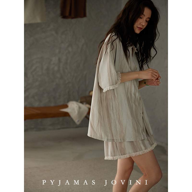 Qiaowei Ni Women's Summer Pajamas, Soft and Comfortable with Built-In Chest Pads, Striped Short-Sleeve and Shorts, Thin and Cool Set