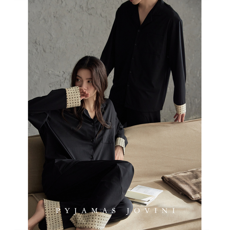 Qiaowei Ni Couple Pajamas for Women, Spring and Autumn Modal Cotton Black with Chest Pad, Integrated Long-Sleeve Men's Loungewear Set Qiaowei Ni Couple Pajamas for Women, Spring and Autumn Modal Cotton Black with Chest Pad, Integrated Long-Sleeve Men's Loungewear Set