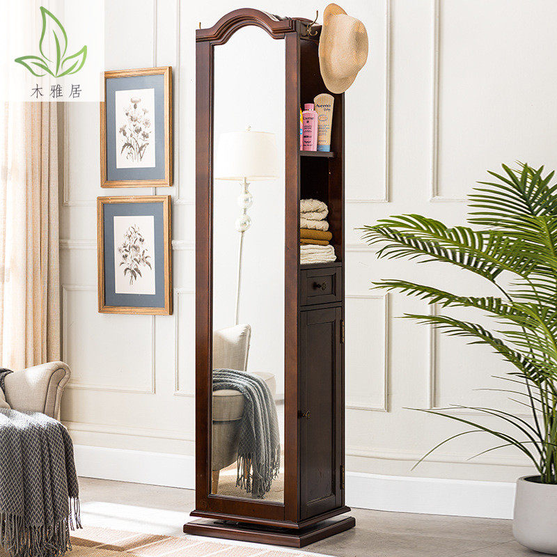 Eurostyle Solid Wood Floor Mirror American Countryside Bedroom Full-body Mirror Home Multifunction Rotary Mirror With Storage Full Body Mirror