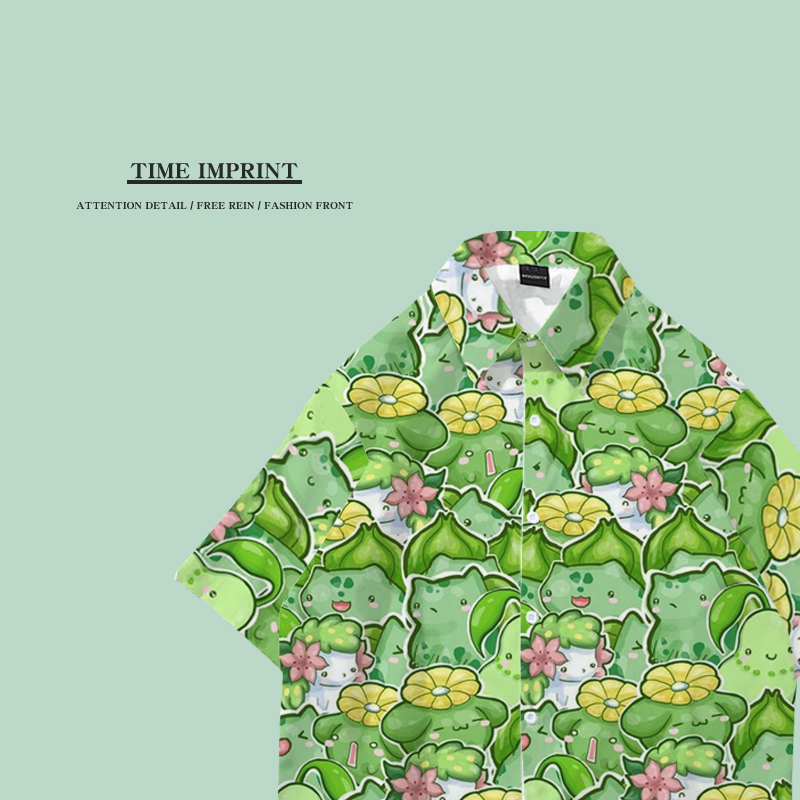 Pokemon Shirt Gengar Daka Duck Beach Clothes Youth Hawaiian Style Shirt Loose Green