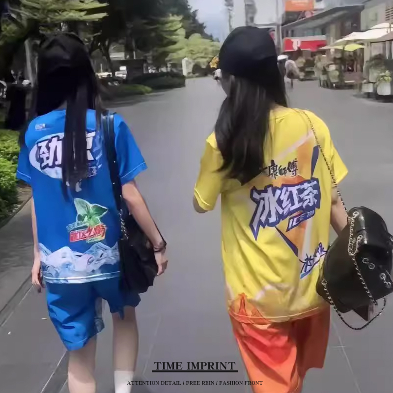 2024 New Style Iced Tea T-Shirt Short-Sleeved Funny Quick-Drying Beach Shirt Trendy Hong Kong Style Youth Clothing Couple Outfit