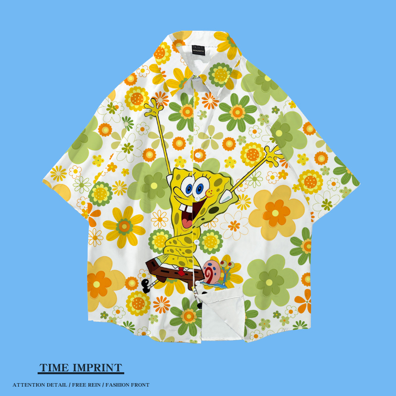 Spongebob Squarepants Patrick Star Crab Boss Shirt Men and Women Cartoon Squidward Beach Short-Sleeved Shirt American Loose Clothes