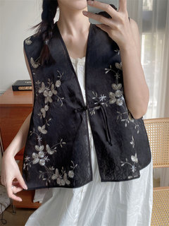 High-End Retro Short-Front-Long-Back New Embroidered Button-Up Vest, Black Embroidered Ethnic Style National Style Artistic Shawl