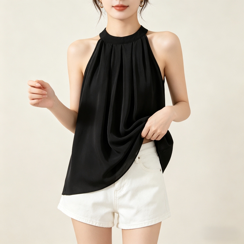 Silk Halter Neck Top, Black, Women's Summer Niche Design, Off-Shoulder Sleeveless Vest, Mulberry Silk Thin Shirt