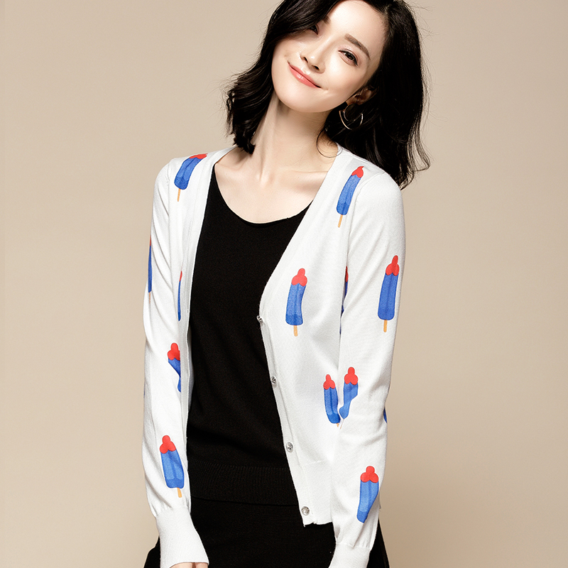 V Collar Needles Jersey Woman Cardiovert 2020 New Spring Autumn Season Women's Clothing Short small jacket Long sleeves embroidered with white blouses