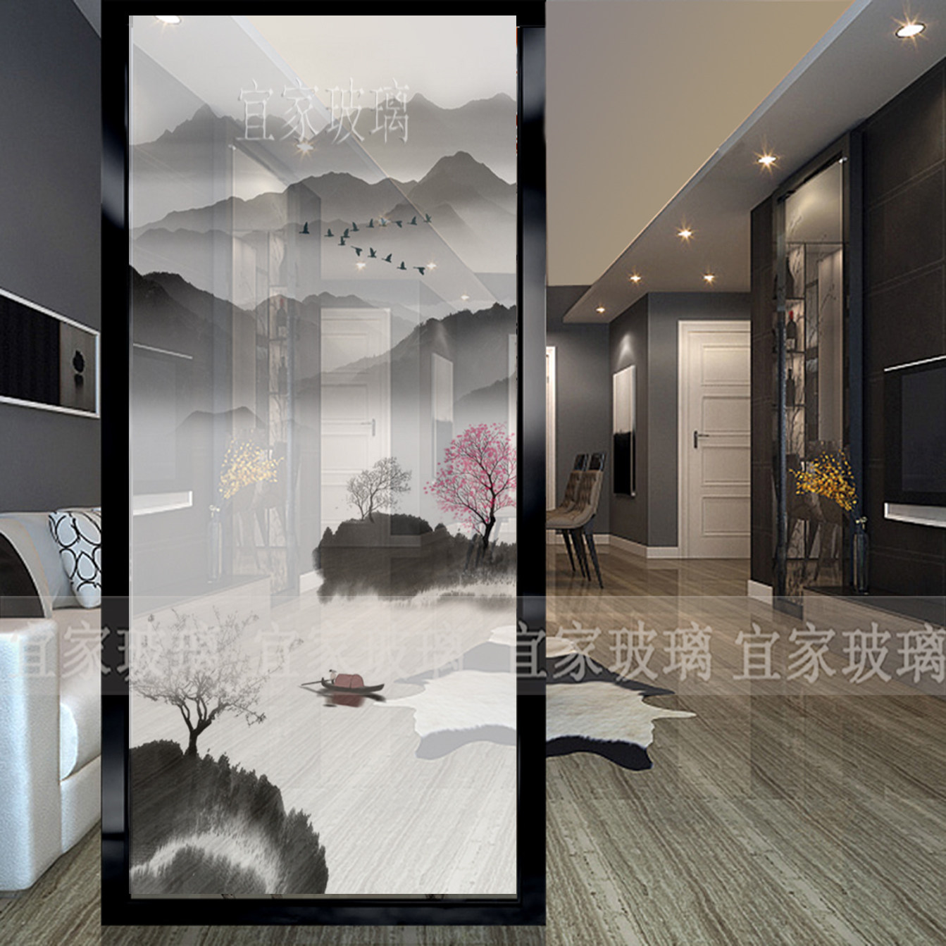 Art glass jacket jacket porch partition screen moving door background wall mountain water new Chinese modern
