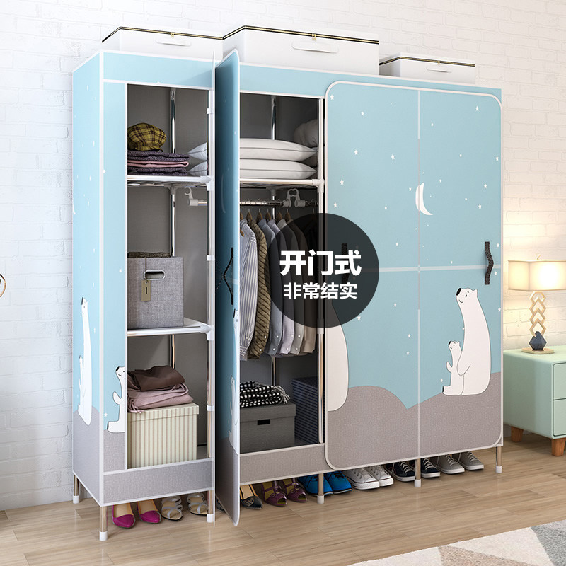Simple wardrobe rental room Home bedroom assembly open door style cloth wardrobe steel tube plus coarse reinforcement sturdy and durable