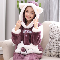 Childrens pajamas girls autumn and winter thick flannel girls cartoons warm coral velvet home clothing set
