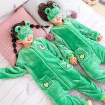 Childrens conjoined velvet cartoon coral velvet pajamas boys baby autumn and winter thickened flannel girls home clothes