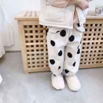 ins explosive autumn and winter childrens baby Korean warm polka dot thick cotton pants girls wave dot plus velvet Haren pants