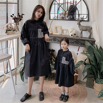 Spring mother womens baby black cotton skirt girl black and white plaid long sleeve dress parent-child dress