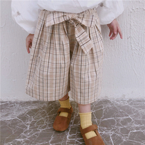 ins spring Children Baby Korean waist lace pants cotton linen wide leg pants girls foreign style Plaid wide leg pants