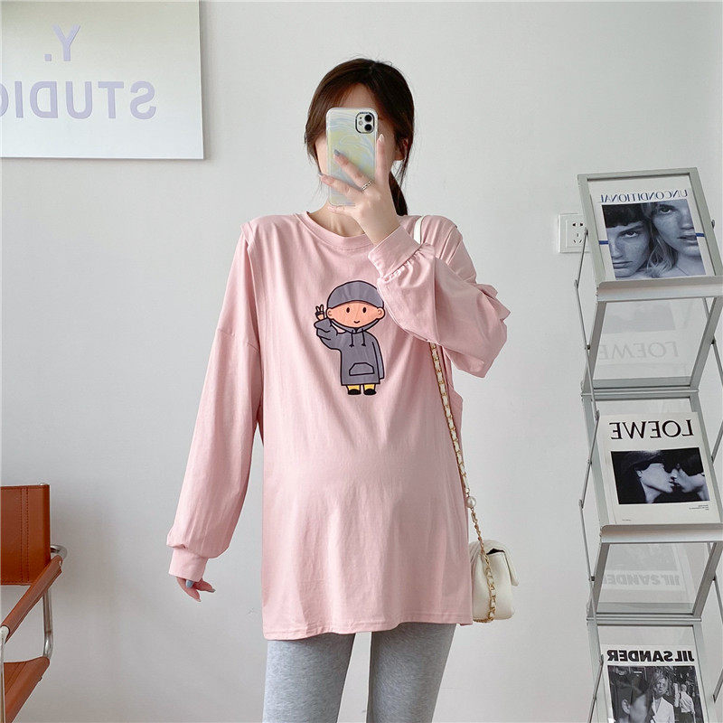 2021 pregnant women autumn clothes fat mm fashion going out tops cartoon age reduction T-shirt large size mid-length loose breastfeeding clothes