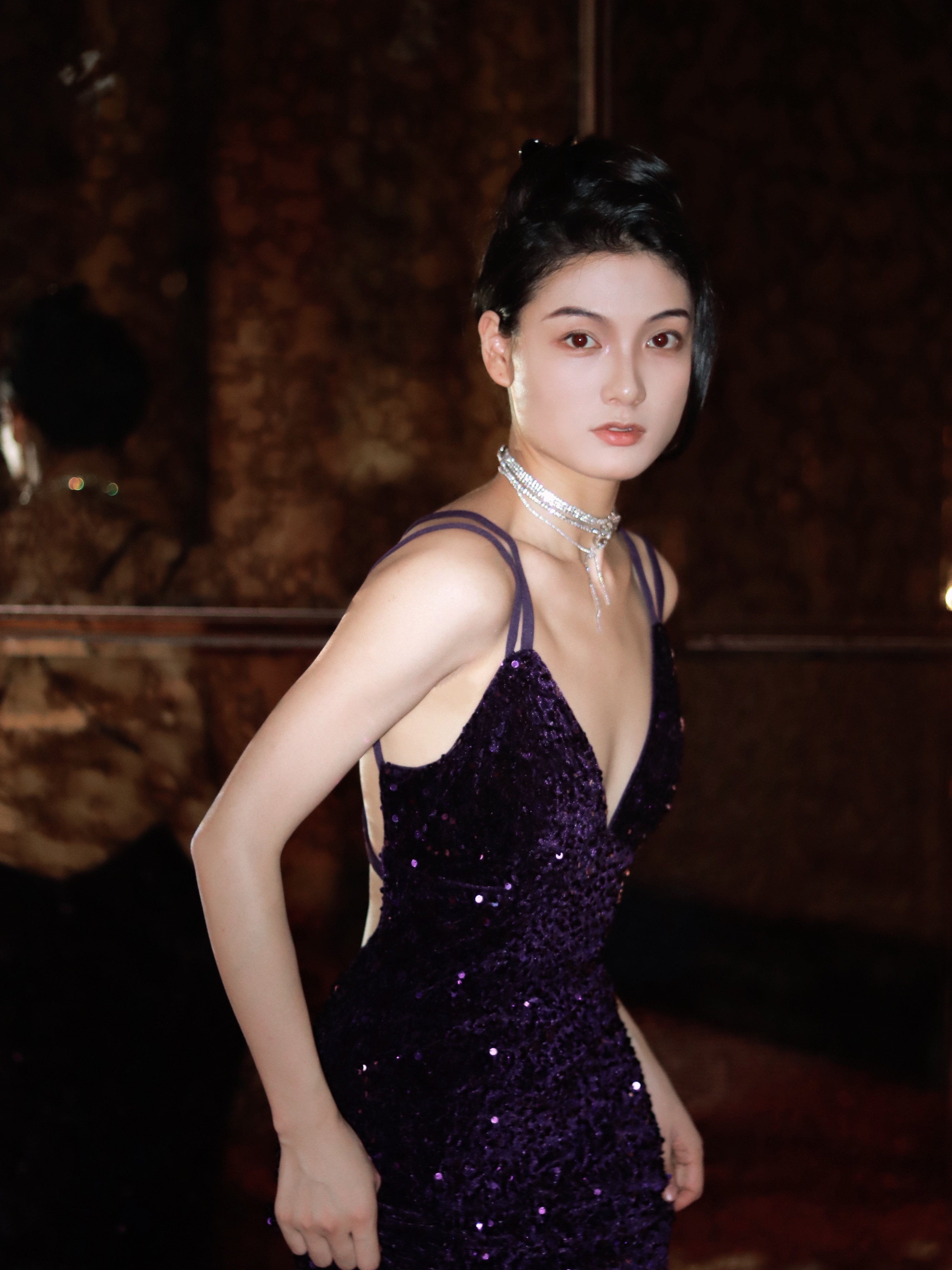 Purple nail sequins, extra-long evening dress, backless Purple nail sequins, extra-long evening dress, backless