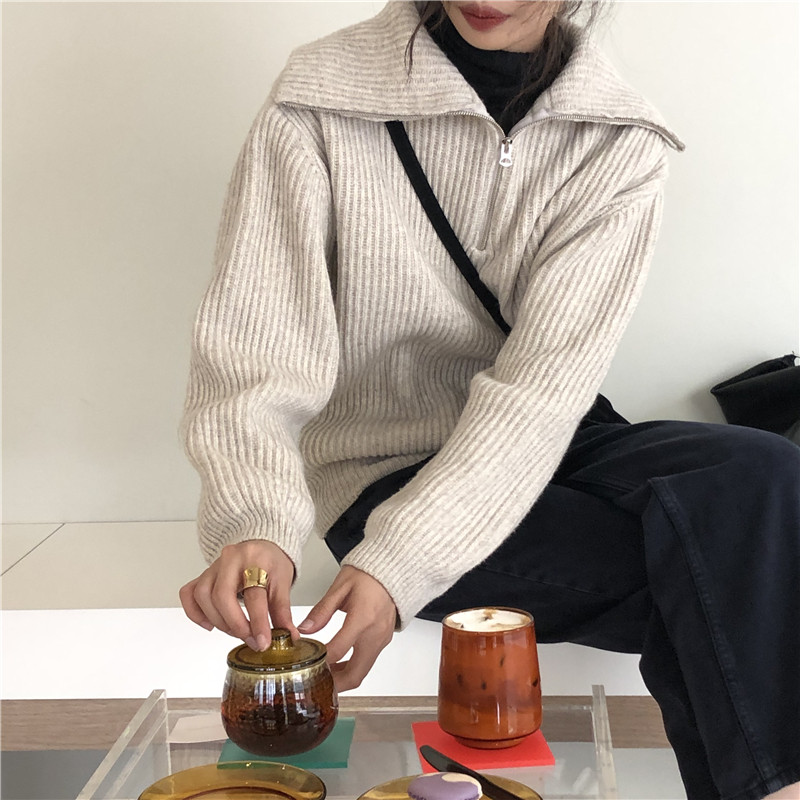 Sleep at 11 large turned collar zipper knit blouse Korean version loose autumn and winter outside wearing a lazy sleeve head sweater-Taobao