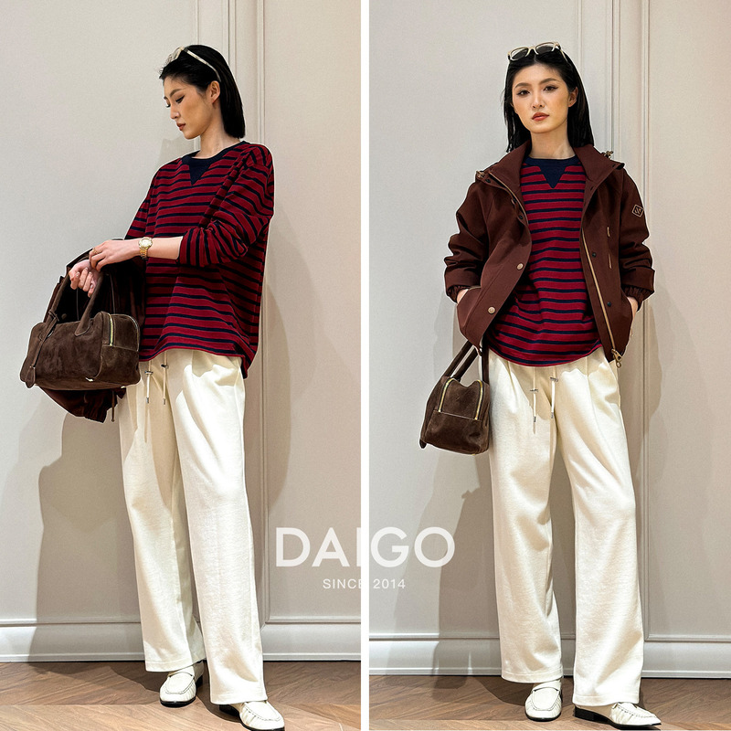 Daguo Store【Navy Cute T-Shirt】Same Style as Dami's P Brand Vacation Series 100% Long-Staple Cotton Striped Long-Sleeve Shirt