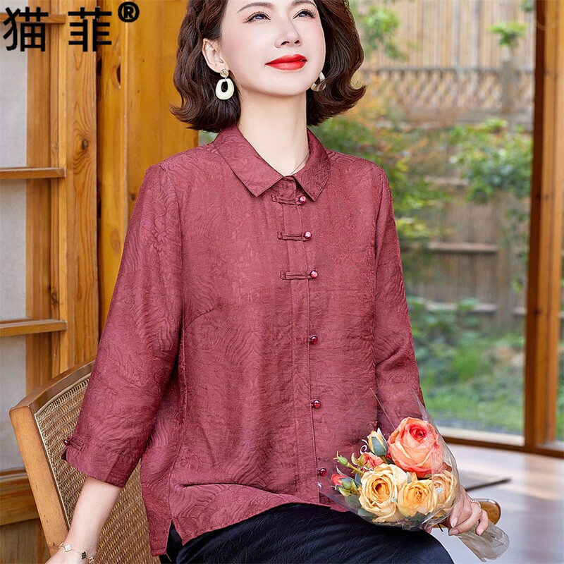 Mother's Spring Tops, New Chinese-Style Elderly Women's Shirts, High-End Middle-Aged and Elderly Women's Summer Tops, Three-Quarter Sleeve Blouses Mother's Spring Tops, New Chinese-Style Elderly Women's Shirts, High-End Middle-Aged and Elderly Women's Summer Tops, Three-Quarter Sleeve Blouses