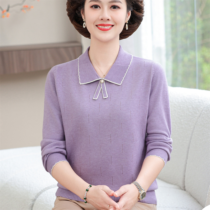 Middle-Aged and Elderly Women's Spring and Autumn Long-Sleeved Knitwear, Sweater, Middle-Aged Mother's Clothing, Large Size Loose Lapel Bottoming Top