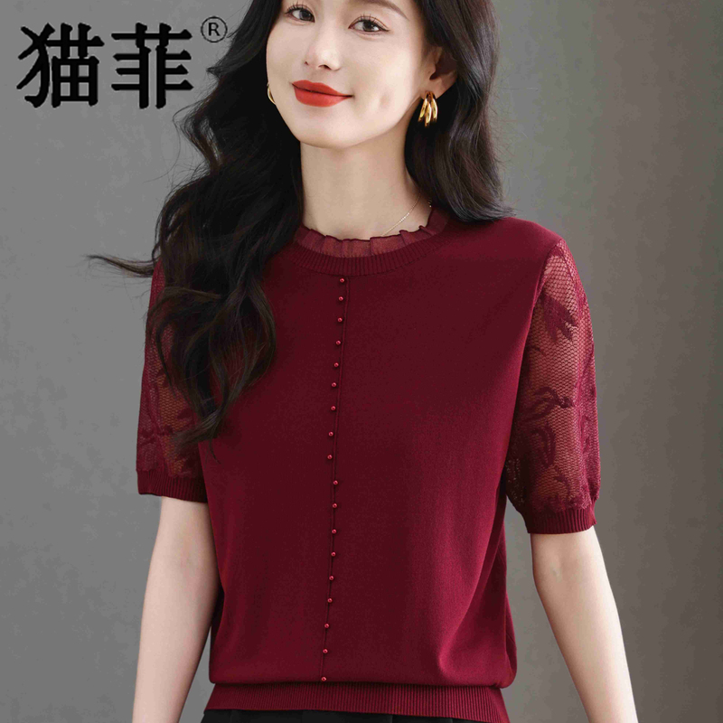 Summer Women's Short-Sleeved Knit Top with Beaded Lace Splicing, Round Neck, Elegant Blouse, Mother's Wear, Middle-Aged and Elderly Slimming T-Shirt