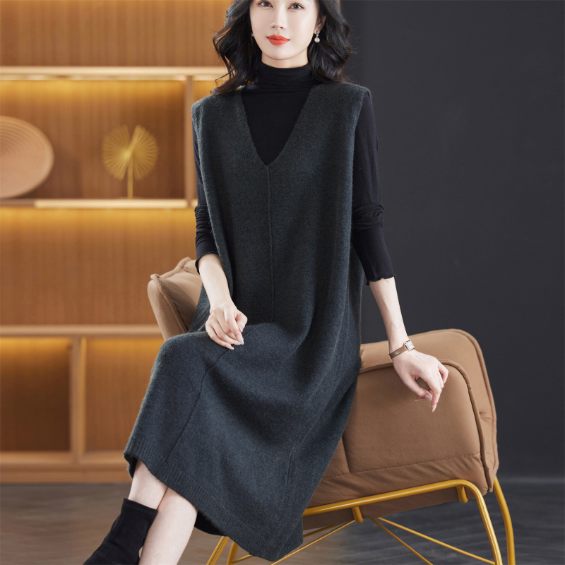 Mother's Clothing Spring and Autumn Sweetheart Neckline Knitted Dress New Style Elegant Sweater Dress Long Over-The-Knee Plus Size Tank Dress