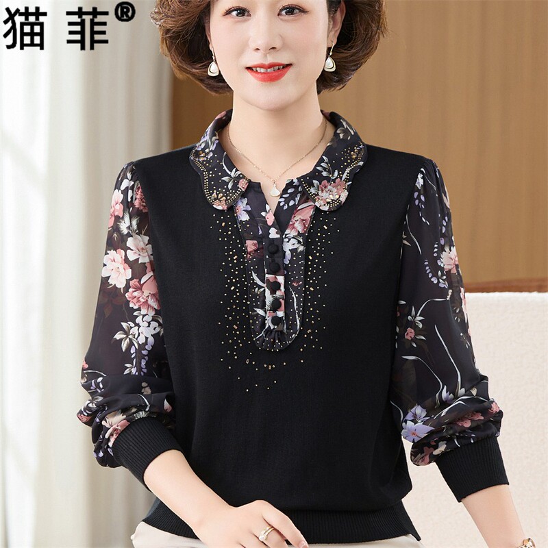 Trendy Spring Tops for Mothers, Stylish Shirts for Middle-Aged and Elderly Women, Thin Blouses, Spring and Autumn T-Shirts for 50-Year-Old Grandmothers, Base Layer Shirts