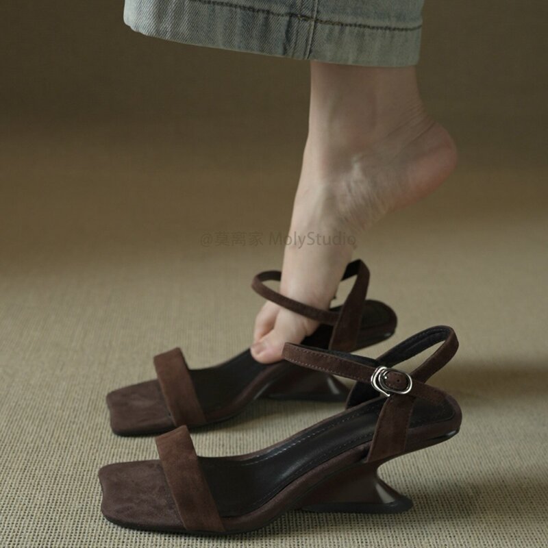 Designer Genuine Leather Unique Heel Strap Sandals for Women 2026 New Summer Versatile Square Toe 5cm High Heel Sandals