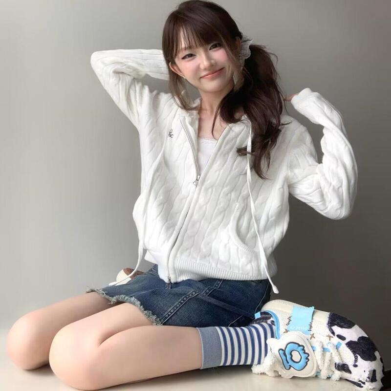Korean-Style Soft White Cable Knit Sweater Jacket for Women, Autumn, Petite, Slimming, Unique Hooded Short Cardigan Top Korean-Style Soft White Cable Knit Sweater Jacket for Women, Autumn, Petite, Slimming, Unique Hooded Short Cardigan Top