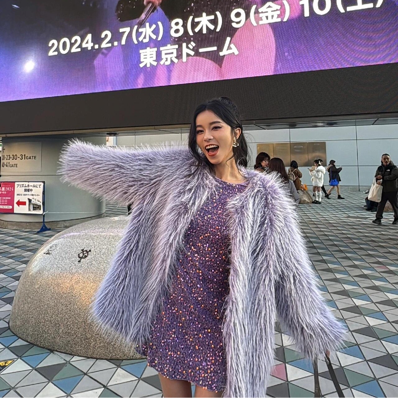 Dreamy Purple Eco-Friendly Fur Mid-Length Coat for Young Women, Slim-Fit, Fluffy, Warm Outerwear