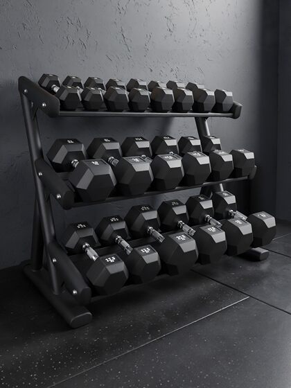 New Hexagonal Rubber-Coated Dumbbells 2.5~25kg Men's Home Fitness Pair Commercial Three-Layer Dumbbell Rack Set
