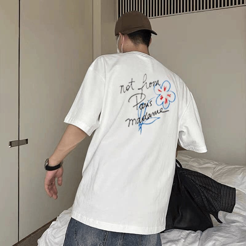 Drole De Monsieur Heavyweight Pure Cotton 260g Short-Sleeved T-Shirt for Men, Summer Niche Loose Half-Sleeve Top