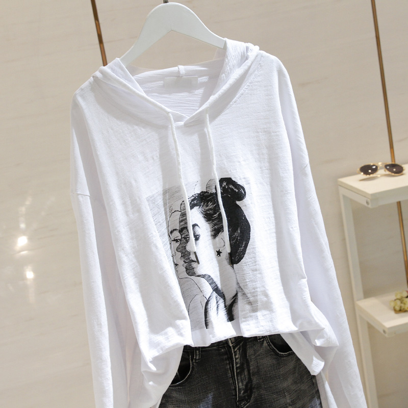 Tide-card white even cap in long version printed long sleeves T-shirt woman 2020 fall new open fork loose display slim top