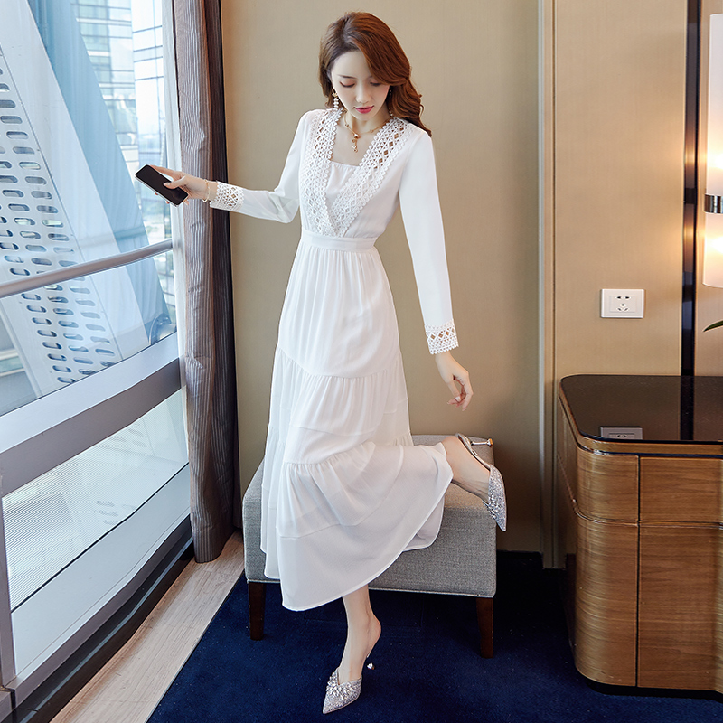 High-end Snow-spinning Ocean Dress Women 2022 Chunqiu New Women's Fashion Fashion Fashion Temperament slim and long version of the dress