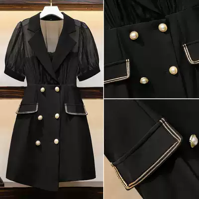 Tide brand large size women's clothing 2021 spring and Autumn suit collar double-breasted stitching mesh dress waist thin black skirt