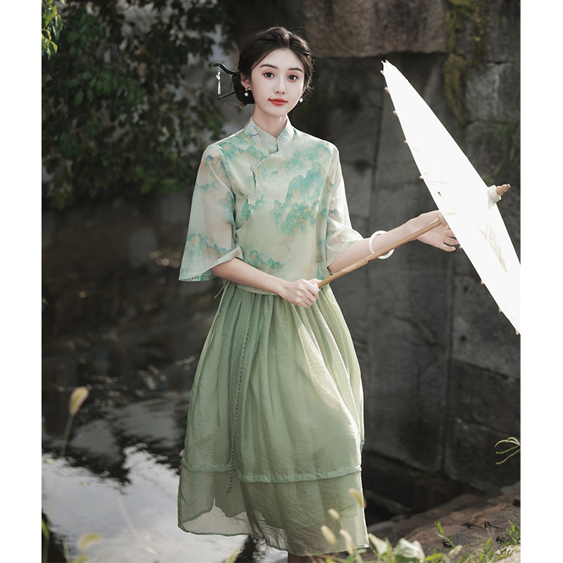 New Chinese elegant temperament qipao blouses Two sets of women 2023 Summer new Republic of the Republic Wind with a long skirt suit-Taobao