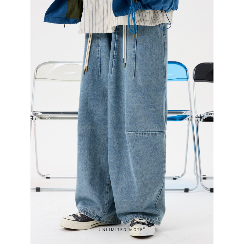 Unlimited Mote [Ice Blue Balloon Jeans] Heavy Washed Denim Japanese Style Loose Fit Wide Leg Pants