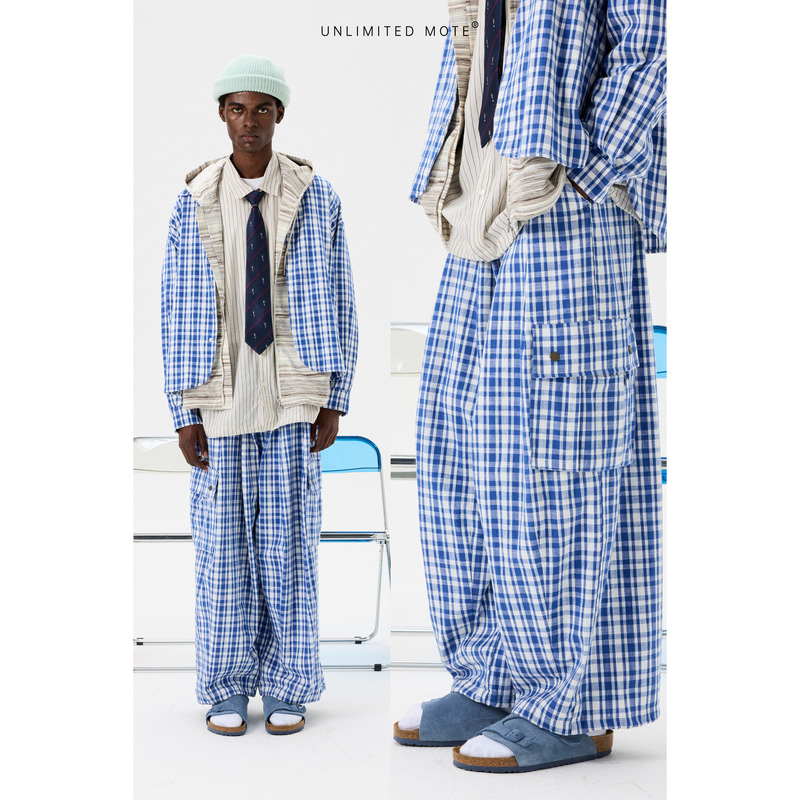 Unlimited Mote〔Workwear Pants 3.0〕Blue Plaid Cotton Linen Balloon Wide-Leg Pants Japanese Style