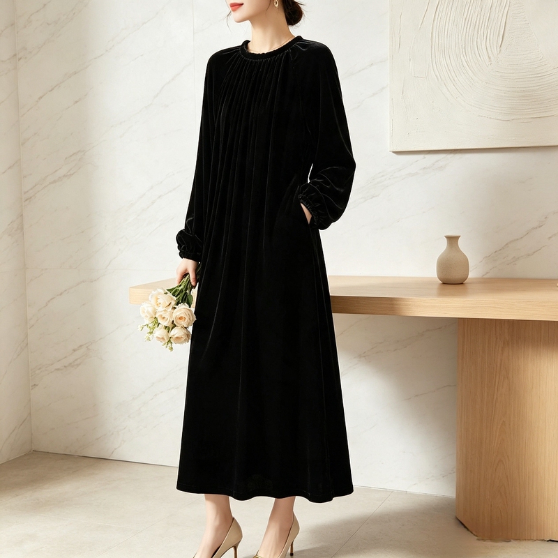 Elegant Silk Velvet Dress, Black, Women's Autumn and Winter Style, Age-Reducing, High-End Mulberry Silk Long-Sleeved Dress for Socialites