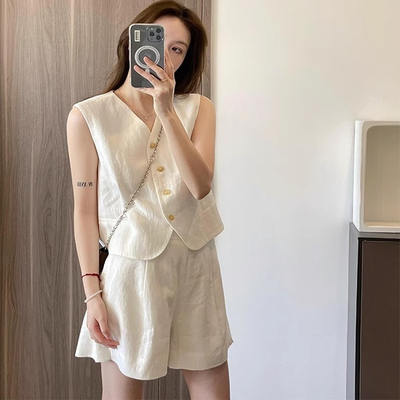 AIMUSA 26 Summer Thin Linen Old Money Style vest and shorts Set for Women's summer style commuting cotton and linen waistcoat