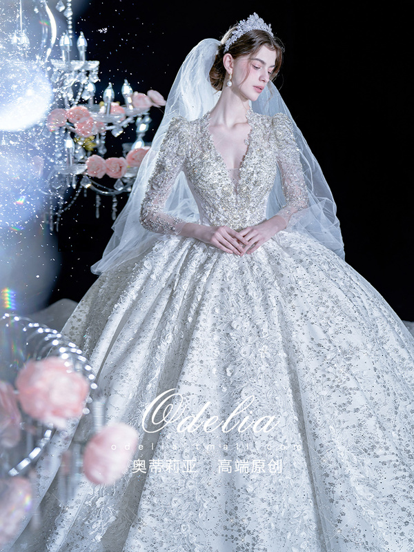 Odelia《Flower Bride》2026 New Luxury Large Wedding Dress Long-Sleeved High-End Texture Bride's Trailing Long-Sleeved Gown