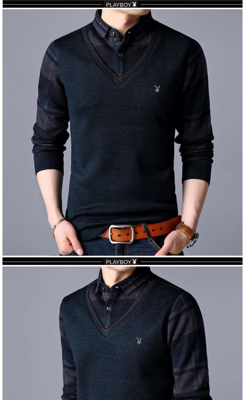 Playboy nam giả hai chiếc áo thun kẻ sọc dài tay mùa đông cộng với áo nhung dày rộng rộng thả lỏng ấm áp đáy áo áo thun unisex
